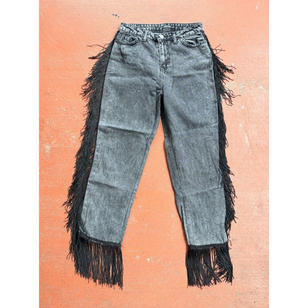 Nasty Gal Gray Acid Wash Fringe Jeans Womens Size 6 Western Festival Pre-Owned